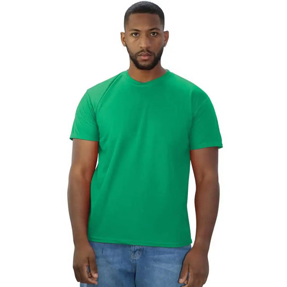 A man wearing a kelly green crew neck t-shirt made of recycled polyester micro pique mesh. Promo Tech T-Shirt