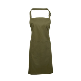 An olive green bib apron with a neck strap and front pocket, displayed on a plain background. Colours Bib Apron with Pocket - PR154