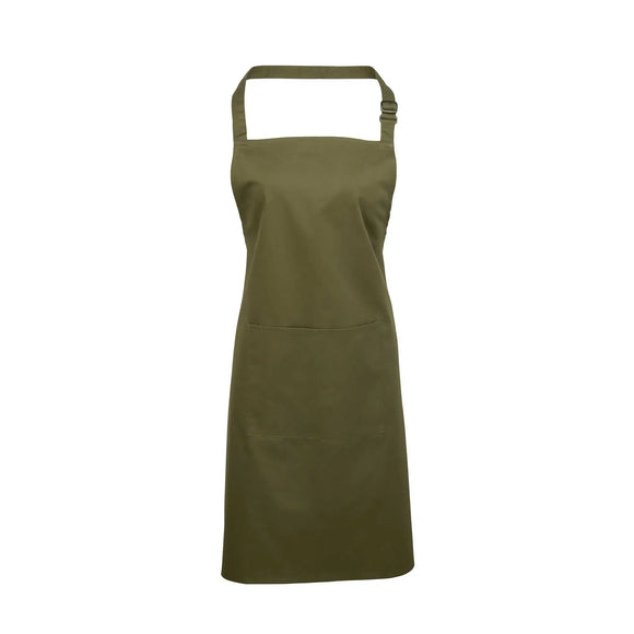 An olive green bib apron with a neck strap and front pocket, displayed on a plain background. Colours Bib Apron with Pocket - PR154