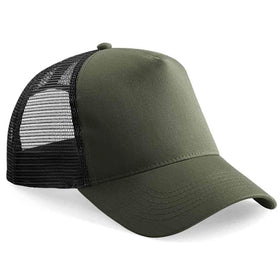 Beechfield B640 olive green trucker cap with black mesh back on a white background