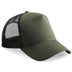 Beechfield B640 olive green trucker cap with black mesh back on a white background
