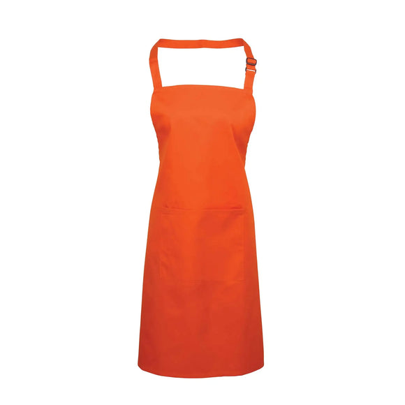An orange bib apron with a neck strap and front pocket, displayed on a plain background. Colours Bib Apron with Pocket - PR154