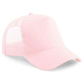 Beechfield B640 pastel Pink trucker cap with mesh back on a white background