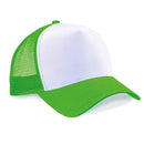 Beechfield B640 pure green and white trucker cap with mesh back on a white background