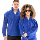 Two people wearing Result Polartherm 1/4-zip fleece - R33 in royal blue against a white background