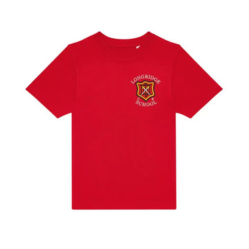 Red PE T-Shirt for Longridge C of E Primary School with school crest printed to the left chest area.