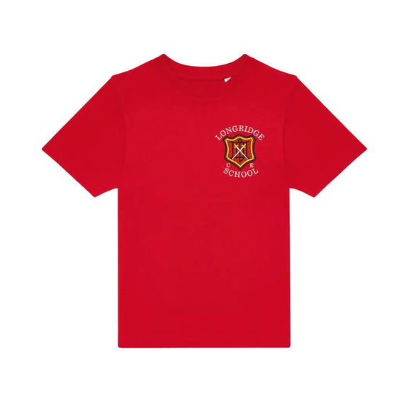 Red PE T-Shirt for Longridge C of E Primary School with school crest to the left chest area.
