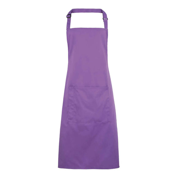 A rich violet purple bib apron with a neck strap and front pocket, displayed on a plain background. Colours Bib Apron with Pocket - PR154