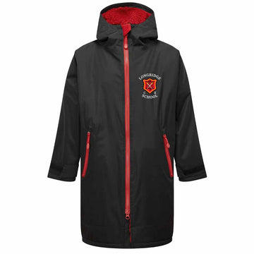 Black Robe with red zips and red inner hood for Longridge C of E Primary School with school crest printed to the left chest area.