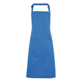 A sapphire blue bib apron with a neck strap and front pocket, displayed on a plain background. Colours Bib Apron with Pocket - PR154