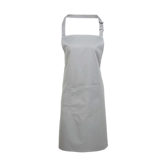 A silver bib apron with a neck strap and front pocket, displayed on a plain background. Colours Bib Apron with Pocket - PR154