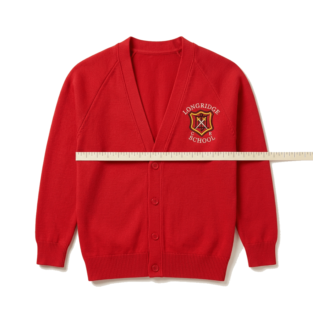 Red Longridge cardigan Size Guide hero with measuring tape