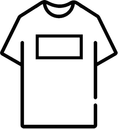 A simple black outline drawing of a short-sleeve T-shirt on a white background, with a blank rectangular chest area.