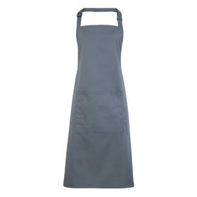 A steel grey bib apron with a neck strap and front pocket, displayed on a plain background. Colours Bib Apron with Pocket - PR154