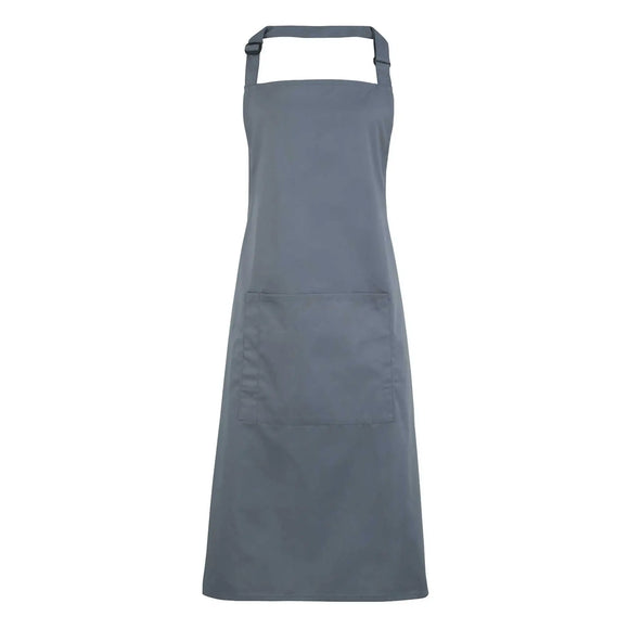 A steel grey bib apron with a neck strap and front pocket, displayed on a plain background. Colours Bib Apron with Pocket - PR154