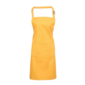 A sunflower yellow bib apron with a neck strap and front pocket, displayed on a plain background. Colours Bib Apron with Pocket - PR154