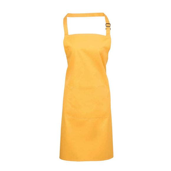 A sunflower yellow bib apron with a neck strap and front pocket, displayed on a plain background. Colours Bib Apron with Pocket - PR154