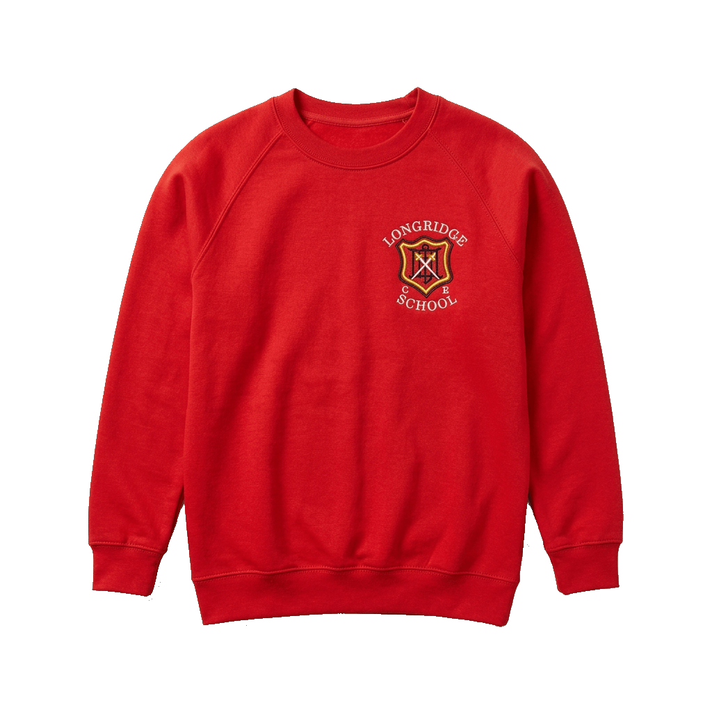 Red Sweatshirt for Longridge C of E Primary School with school crest to the left chest area.