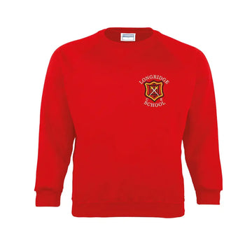 Red Crew-neck Sweatshirt for Longridge C of E Primary School with school crest embroidery to the left chest area.