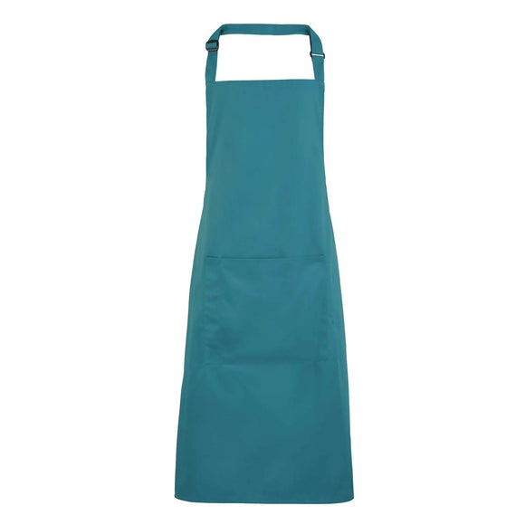 A teal blue bib apron with a neck strap and front pocket, displayed on a plain background. Colours Bib Apron with Pocket - PR154