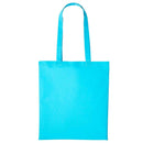 A turquoise blue long handle tote bag made of cotton, displayed against a white background. Nutshell Cotton Shopper - RL100