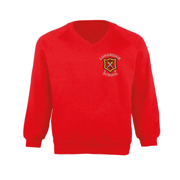 Red V-Neck Sweathirt for Longridge C of E Primary School with school crest embroidery to the left chest area.
